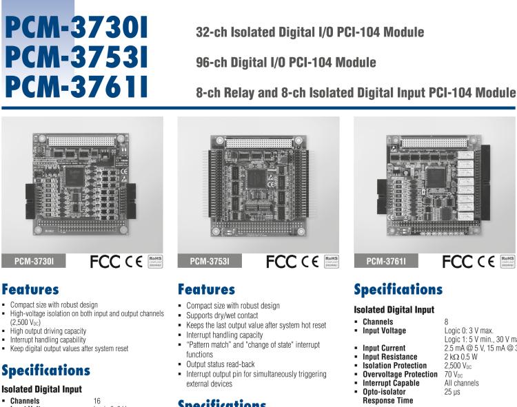 研華PCM-3730I PCI-104，2通,32通道隔離數(shù)字輸入/輸出卡