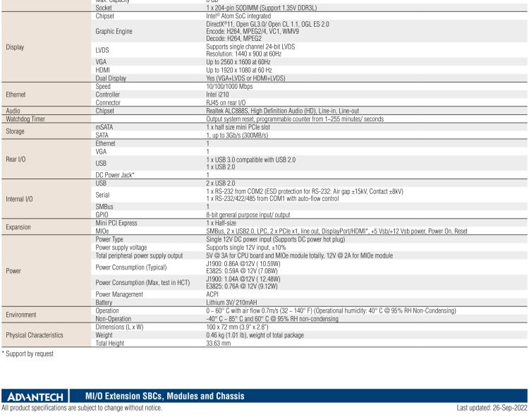 研華MIO-2263 2.5寸Pico-ITX主板，搭載Intel? Atom? SoC E3825/ J1900處理器的2.5寸Pico-ITX單板電腦，采用DDR3L內(nèi)存，支持24-bit LVDS + VGA/HDMI獨(dú)立雙顯，帶有豐富I/O接口：1個(gè)GbE、半長Mini PCIe、4個(gè)USB、2個(gè)COM、SMBus、mSATA & MIOe