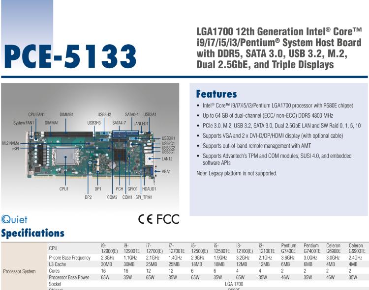 研華PCE-5133 LGA1700 12th Generation Intel? Core? i9/i7/i5/i3/Pentium? System Host Board with DDR5, SATA 3.0, USB 3.2, M.2, Dual 2.5GbE, and Triple Displays