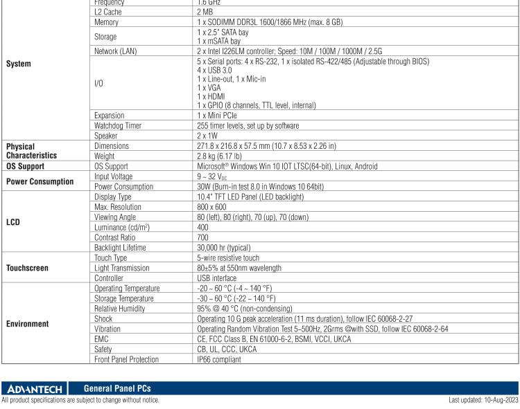 研華PPC-3100-RE9A 10.4"無(wú)風(fēng)扇平板電腦, 搭載Intel? Atom? E3940 四核心處理器