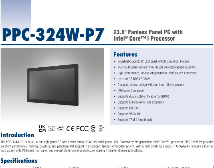 研華PPC-324W-P7 23.8" 寬屏無風(fēng)扇工業(yè)平板電腦 Intel? Core? i 處理器