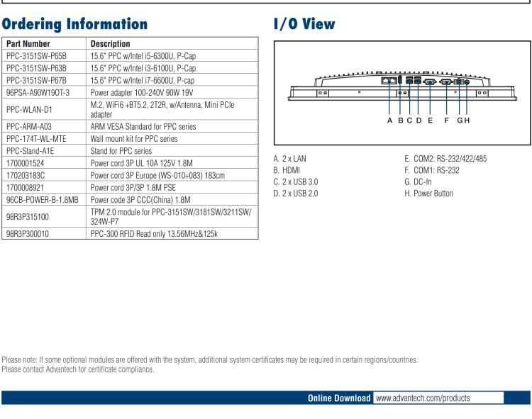 研華PPC-3151SW 15.6" 無風(fēng)扇工業(yè)平板電腦, 搭載 Intel? 第六代 Core? i 處理器