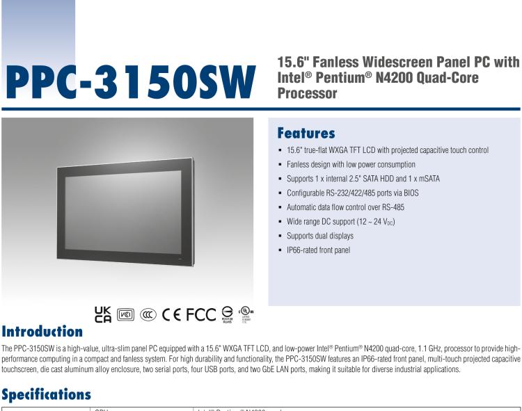 研華PPC-3150SW 15.6" 寬屏無風(fēng)扇工業(yè)平板電腦，搭載 Intel? Pentium? N4200 四核心處理器