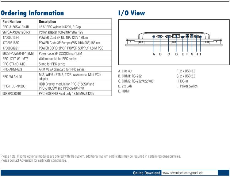 研華PPC-3150SW 15.6" 寬屏無風(fēng)扇工業(yè)平板電腦，搭載 Intel? Pentium? N4200 四核心處理器