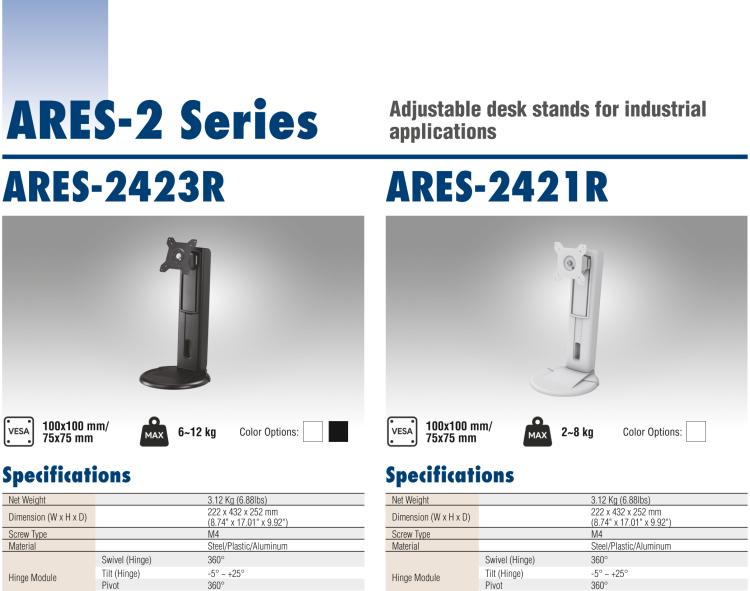 研華ARES-2423X ARES-2423X is a desk stand compatible with 75x75 mm and 100x100 mm VESA patterns. It can tilt -2° (down) ~ +180° (up) and screens up to 17".