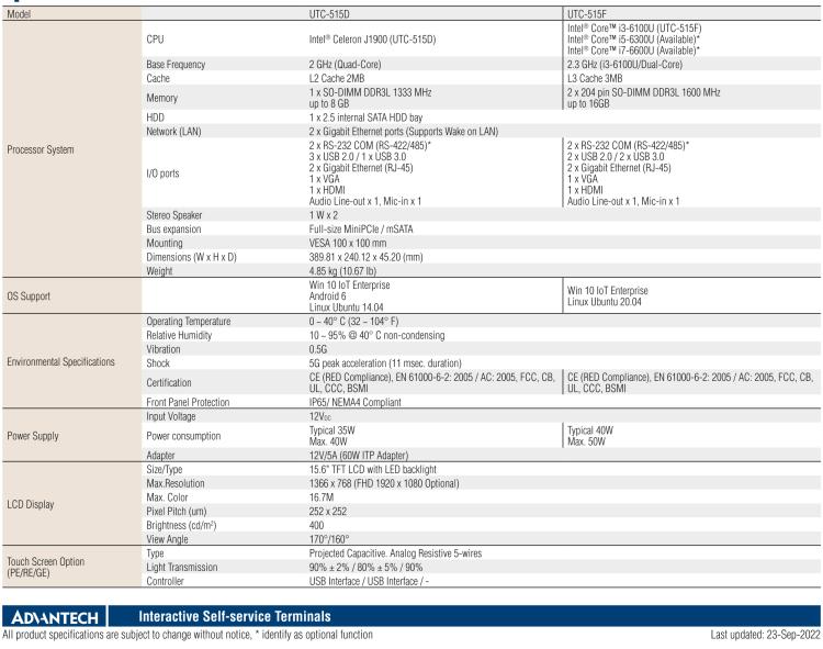 研華UTC-515D 15.6" 多功能觸控一體機，內(nèi)置英特爾? BayTrail J1900，可附接豐富的外圍設(shè)備