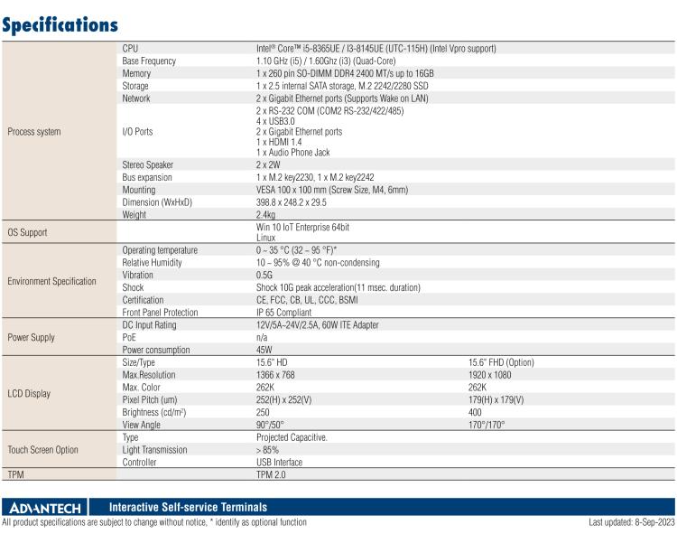 研華UTC-115H 15.6" 多功能觸控一體機(jī)，搭載 Intel? Core? i5-8365UE