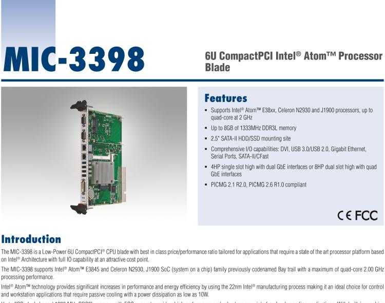 研華MIC-3398 基于Intel?Atom?處理器6U CompactPCI 刀片計(jì)算機(jī)