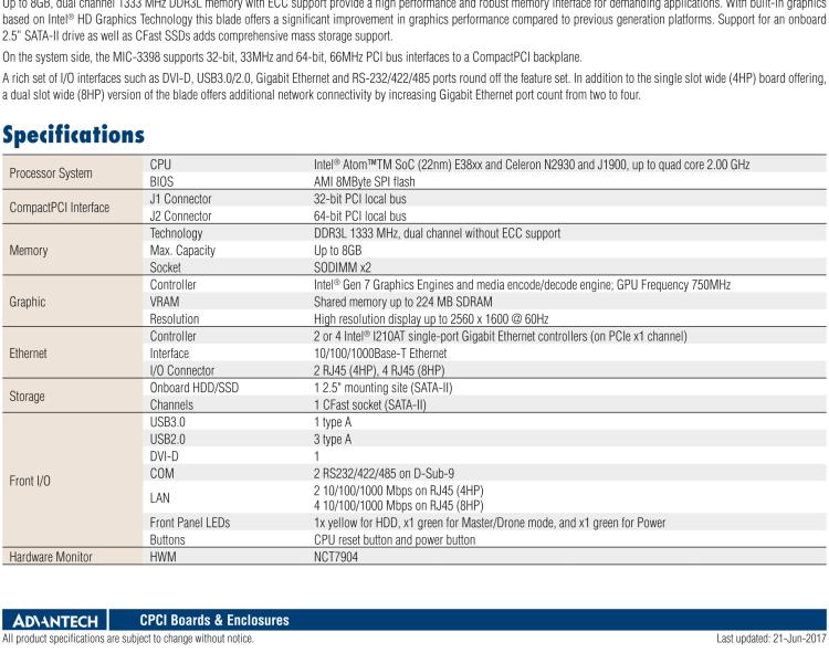 研華MIC-3398 基于Intel?Atom?處理器6U CompactPCI 刀片計(jì)算機(jī)