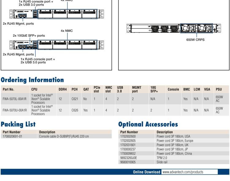 研華FWA-5070 基于Intel?Xeon?處理器可擴(kuò)展系列1U機(jī)架式網(wǎng)絡(luò)應(yīng)用平臺(tái)，最高支持4個(gè)NMC插槽