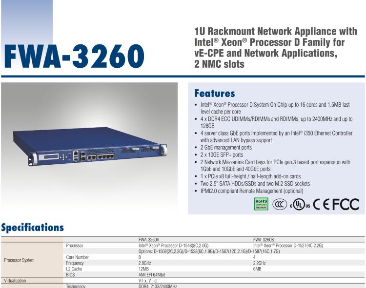 研華FWA-3260 基于Intel? Broadwell XeonTM D-1500系列處理器 1U機(jī)架式網(wǎng)絡(luò)應(yīng)用平臺