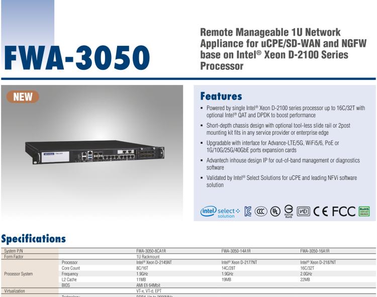 研華FWA-3050 基于Intel?Xeon D-2100系列處理器，用于uCPE和下一代防火墻的遠程可管理1U網(wǎng)絡應用平臺