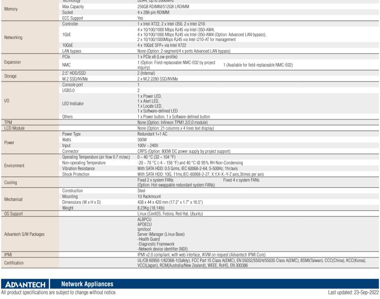 研華FWA-3050 基于Intel?Xeon D-2100系列處理器，用于uCPE和下一代防火墻的遠程可管理1U網(wǎng)絡應用平臺