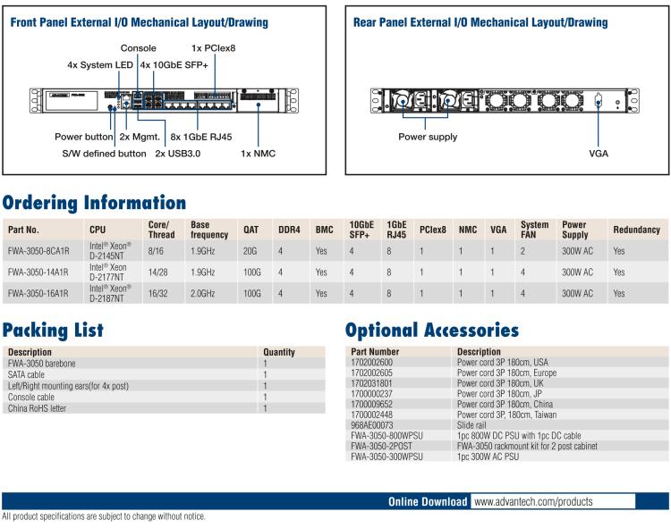 研華FWA-3050 基于Intel?Xeon D-2100系列處理器，用于uCPE和下一代防火墻的遠程可管理1U網(wǎng)絡應用平臺