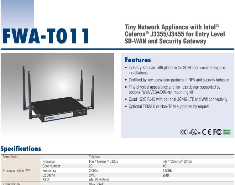 研華FWA-T011 基于Intel? Celeron? N3350/J3455 入門級SD-WAN，安全網(wǎng)關(guān)微型網(wǎng)絡(luò)應(yīng)用平臺