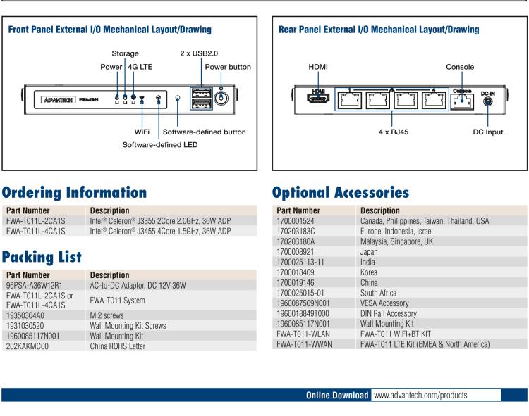 研華FWA-T011 基于Intel? Celeron? N3350/J3455 入門級SD-WAN，安全網(wǎng)關(guān)微型網(wǎng)絡(luò)應(yīng)用平臺