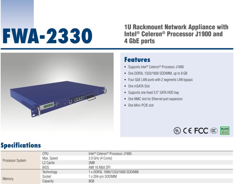 研華FWA-2330 基于Intel? Bay trail-D/M 系列處理器 1U機架式網(wǎng)絡應用平臺