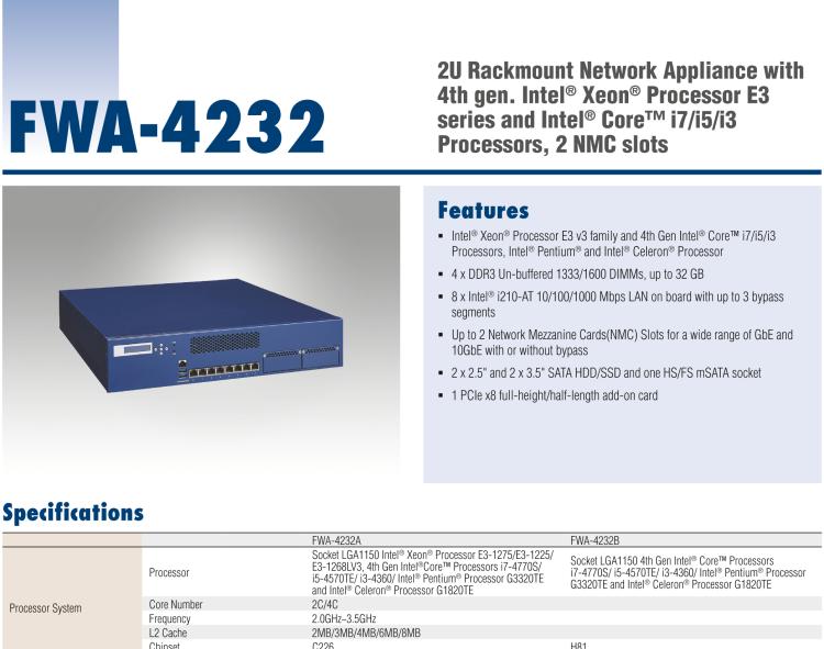 研華FWA-4232 基于Intel? Haswell XeonTM E3/CoreTM/ PentiumTM/CeleronTM系列處理器 2U機架式網(wǎng)絡(luò)應(yīng)用平臺