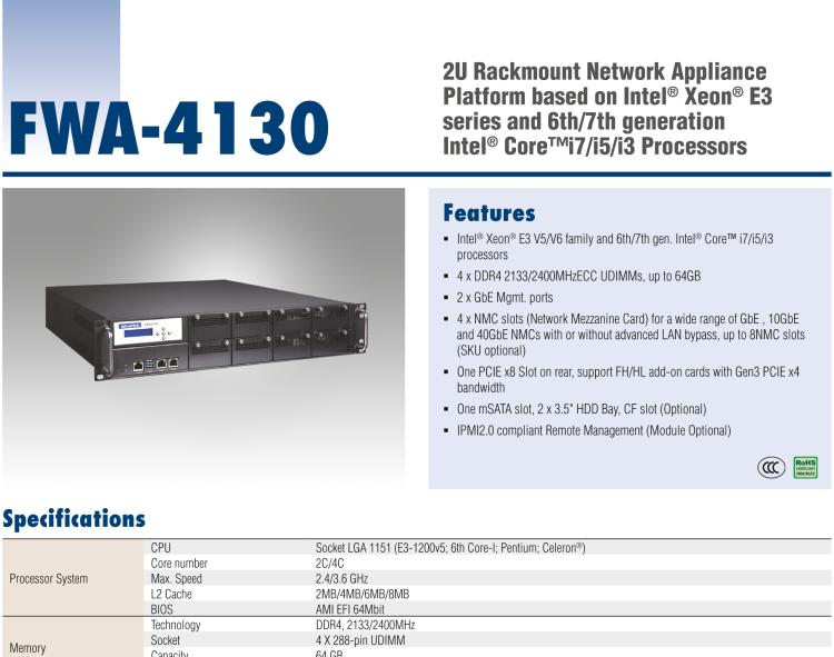 研華FWA-4130 基于第六代/第七代Intel?Xeon?E3和 Intel?core?i7 / i5 / i3系列處理器 2U機(jī)架式網(wǎng)絡(luò)應(yīng)用平臺(tái)