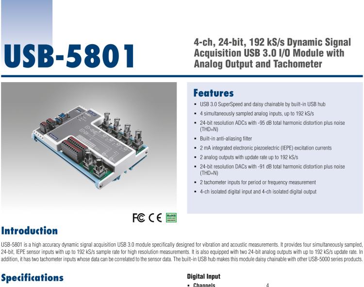 研華USB-5801 4路，24位，192 kS / s的動(dòng)態(tài)信號(hào)采集USB 3.0 I / O模塊使用模擬輸出和轉(zhuǎn)速計(jì)