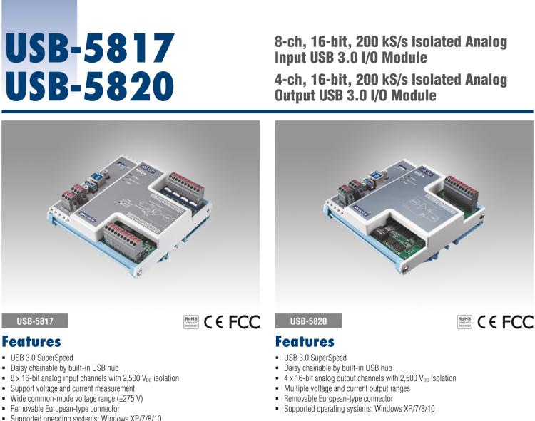 研華USB-5817 8通道，16位，200 kS / s隔離模擬輸入USB 3.0 I / O模塊