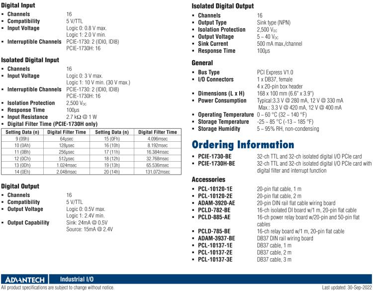 研華PCIE-1730 PCI Expresscard擴(kuò)展接口，支持32通道隔離DIO和TTL DIO