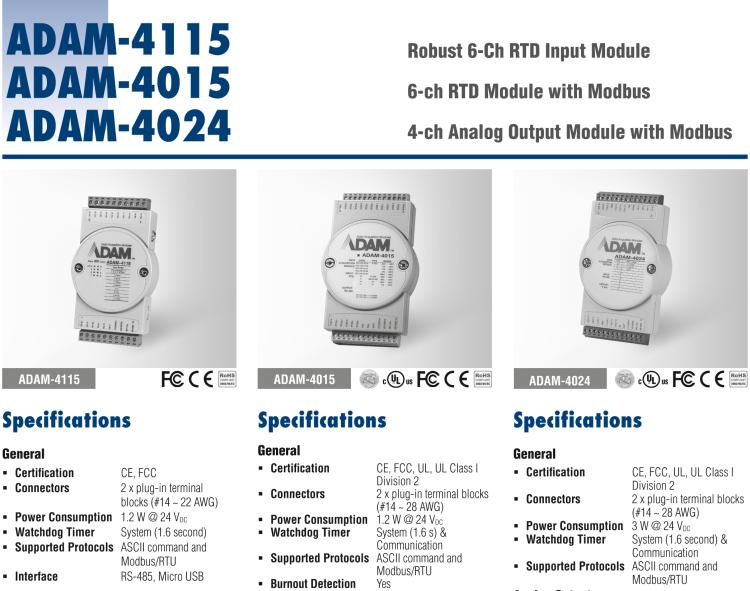 研華ADAM-4115-B ADAM-4115 6 通道 RTD 輸入模塊可接受多種 RTD 傳感器類型，包括 Pt100、Pt1000、Ni50、Ni508 和 Balco 500 系列