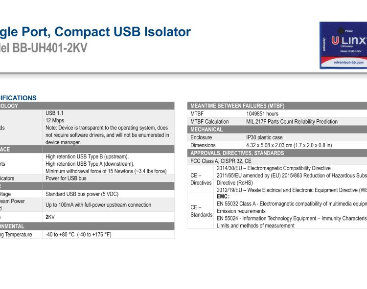 研華BB-UH401-2KV USB 2.0 2 kV隔離器，1端口，12 Mbps全速
