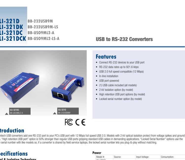 研華BB-232USB9M-LS ULI-321DK USB 2.0到RS-232轉(zhuǎn)換器，DB9公頭 端口號(hào)鎖定