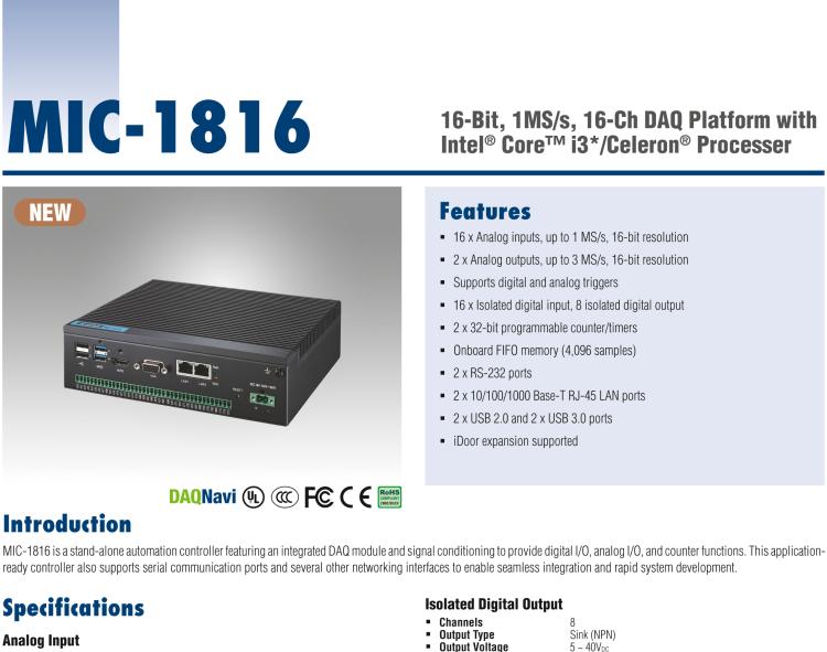 研華MIC-1816 具有Core?i3 /Celeron?處理器的16位，1 MS / s，16通道DAQ平臺(tái)