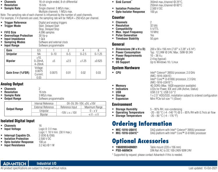 研華MIC-1816 具有Core?i3 /Celeron?處理器的16位，1 MS / s，16通道DAQ平臺(tái)