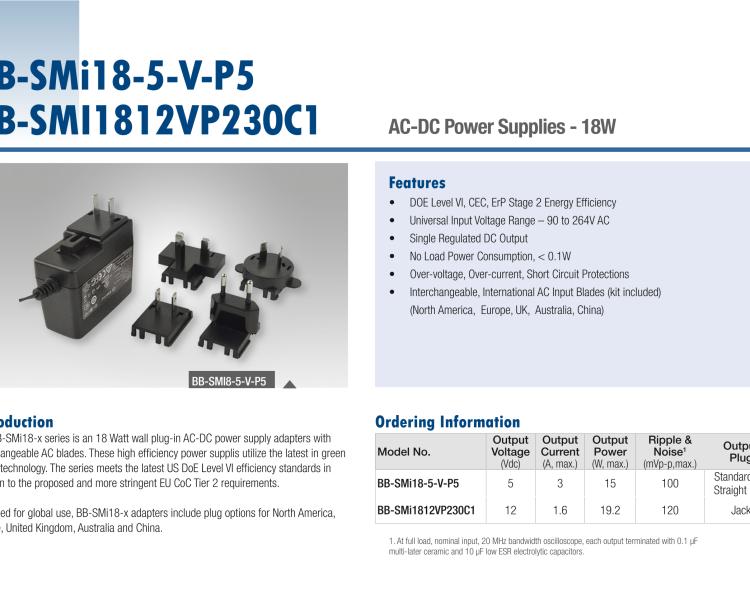 研華BB-SMI18-5-V-P5 5VDC Output, 3A Current, 15W Power, Standard DC Straight Plug