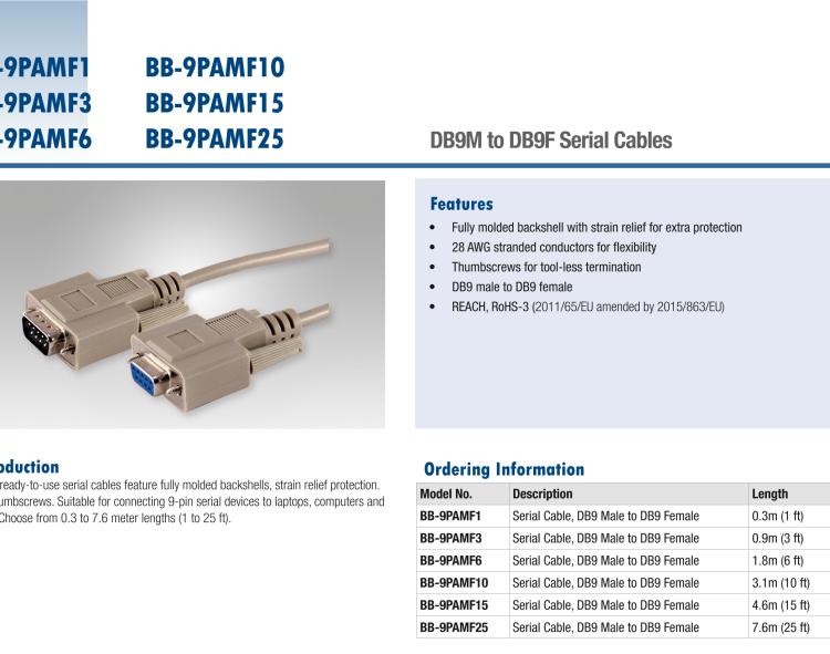 研華BB-9PAMF1 Serial Cable, RS-232 DB9 M to DB9 F, 0.3 m / 1 ft