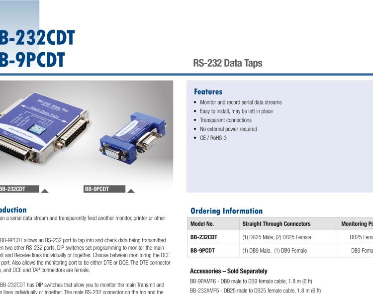 研華BB-232CDT 串口數據監(jiān)聽器，RS-232，DB25 公頭至DB25 母頭加DB25 母頭監(jiān)視器