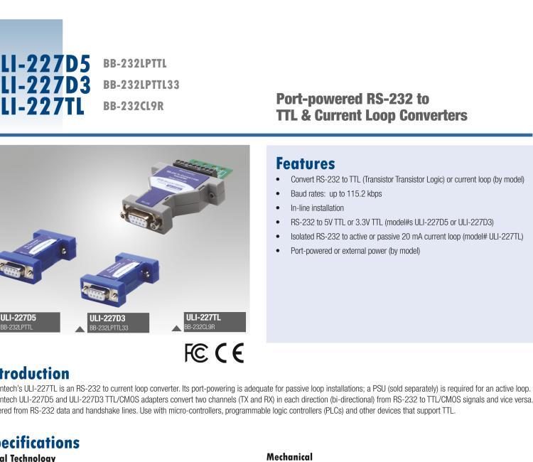 研華BB-232CL9R ULI-227TL RS-232（DB9母頭）至20 mA電流回路（接線端子）轉換器