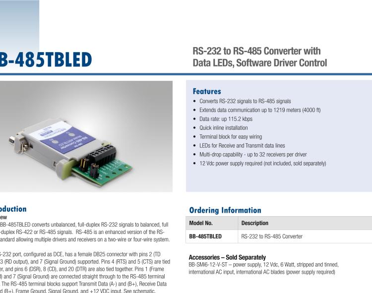 研華BB-485TBLED 串口轉(zhuǎn)換器，RS-232 DB25 母頭至RS-485 TB