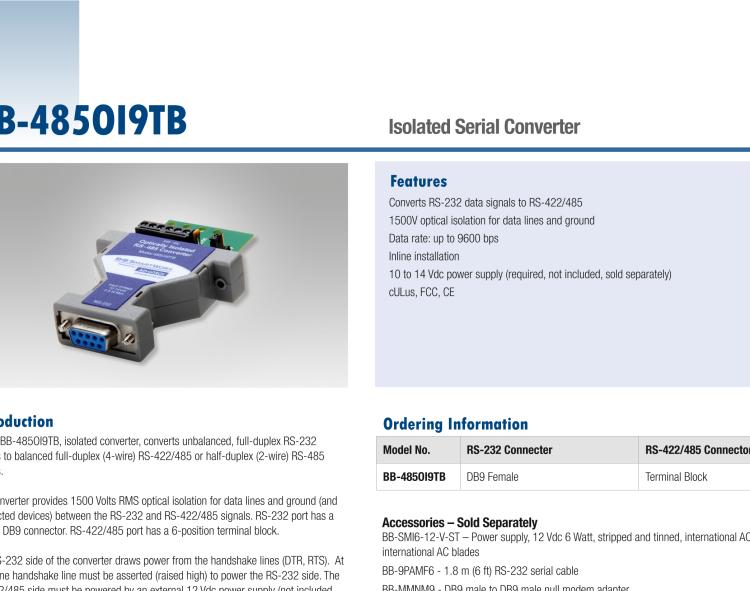 研華BB-485OI9TB 串口轉(zhuǎn)換器，RS-233 DB9母頭至RS-422/485 TB