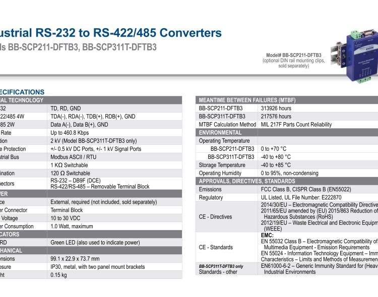 研華BB-SCP311T-DFTB3 ULI-224THC 寬溫度范圍、隔離式、RS-232 至 422/485 轉換器