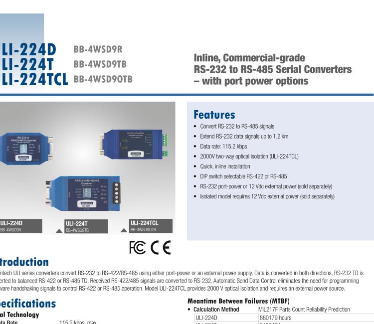 研華BB-485BAT3 ULI-224TB RS-232（DB9母頭至RS-422/485（接線端子）轉(zhuǎn)換器，電池供電