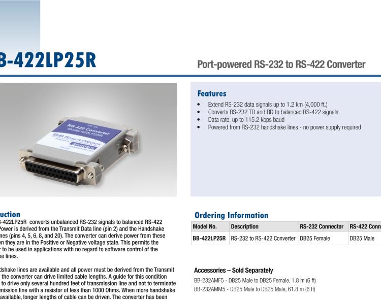 研華BB-422LP25R 串口轉(zhuǎn)換器，RS-232 DB-25 F至RS-422 DB25 M，端口供電