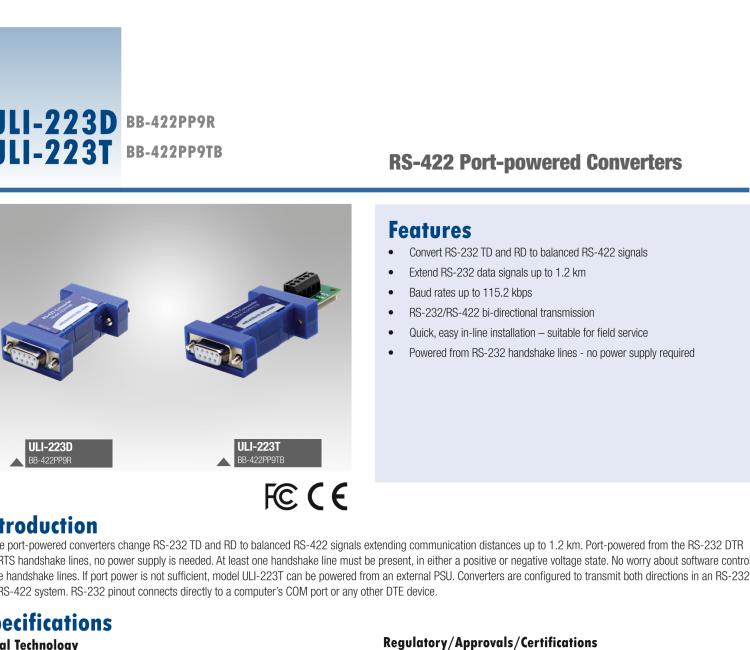 研華BB-422PP9R ULI-223D RS-232至RS-422轉換器，端口供電，DB9母頭連接器